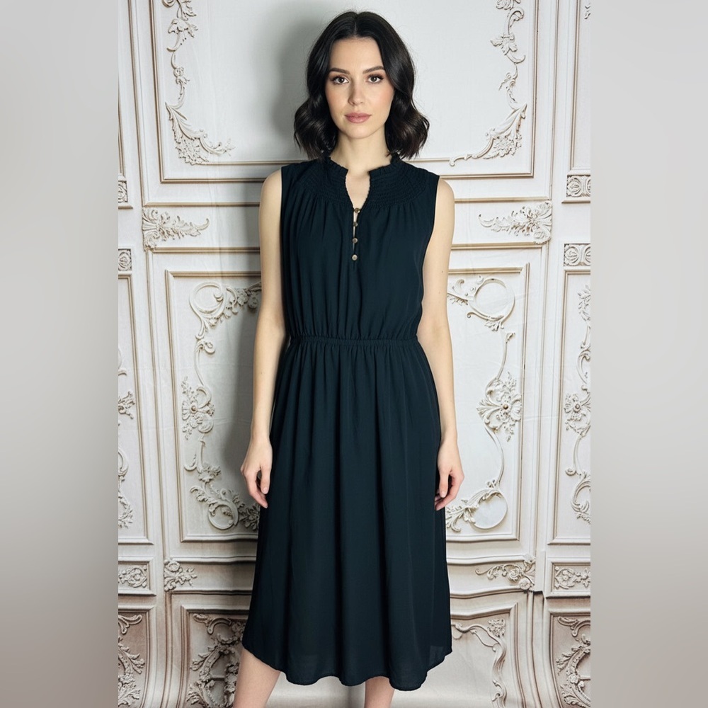 Investments Black Sleeveless Smocked-Neck Midi Dress